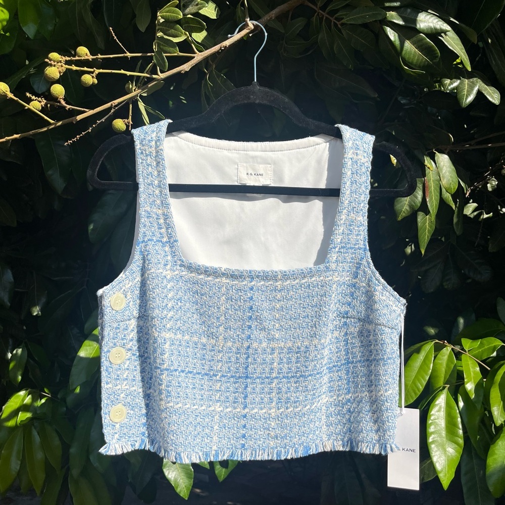 NWT R.G. KANE blue tweed fringe hem square neck‎ button boxy cropped tank top